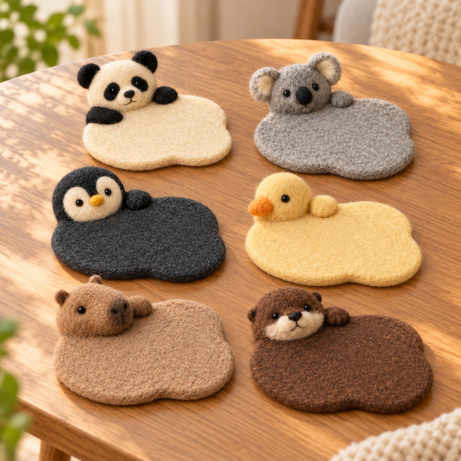 Animal Wool Felt Coasters Set, Panda Koala Penguin Duck Capybara Otter Mug Mats, 10cm