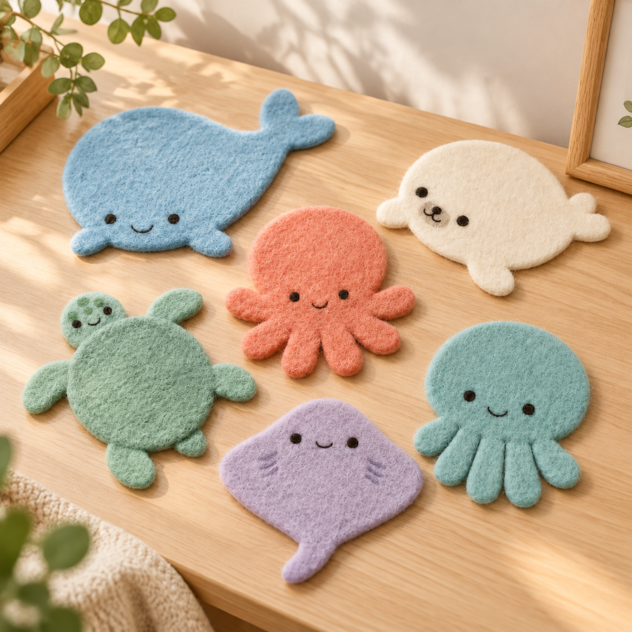 Wool Felt Sea Animal Coasters Set of 6 Whale Seal Octopus Turtle Stingray Jellyfish Mug Mats 10cm