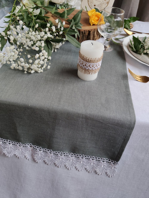 Burnt Orange Linen Table Runner with White Lace Trim – 2-Inch Lace – Farmhouse Dining, Wedding Reception, Everyday Use