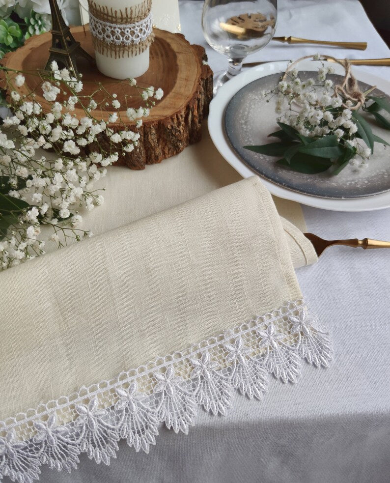 Burnt Orange Linen Table Runner with White Lace Trim – 2-Inch Lace – Farmhouse Dining, Wedding Reception, Everyday Use