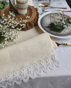 Burnt Orange Linen Table Runner with White Lace Trim – 2-Inch Lace – Farmhouse Dining, Wedding Reception, Everyday Use