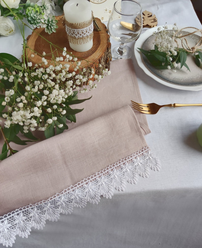 Burnt Orange Linen Table Runner with White Lace Trim – 2-Inch Lace – Farmhouse Dining, Wedding Reception, Everyday Use