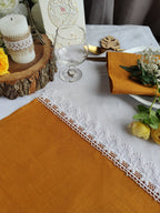 Burnt Orange Linen Table Runner with White Lace Trim – 2-Inch Lace – Farmhouse Dining, Wedding Reception, Everyday Use