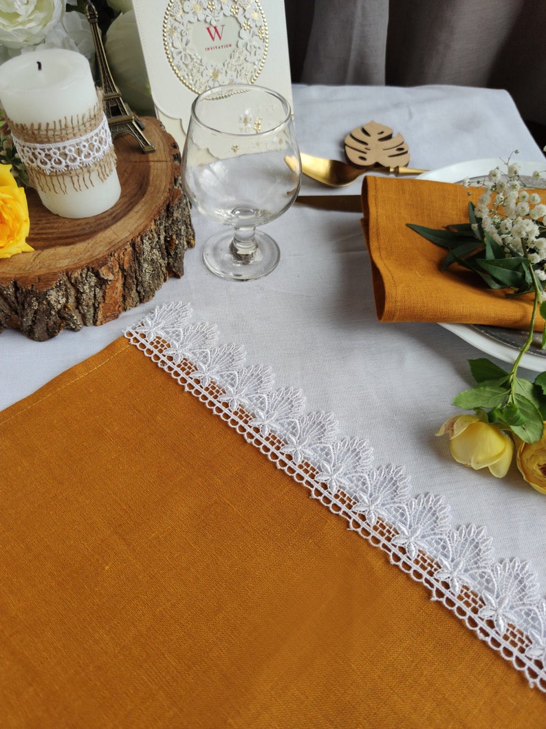 Burnt Orange Linen Table Runner with White Lace Trim – 2-Inch Lace – Farmhouse Dining, Wedding Reception, Everyday Use