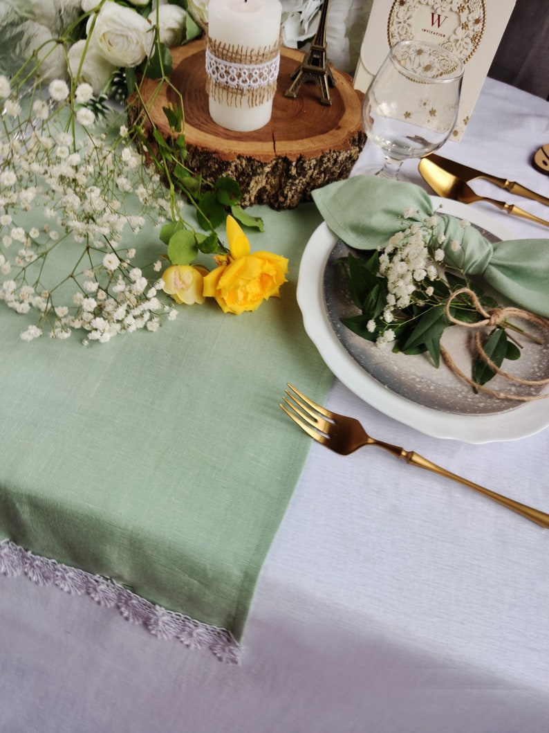 Burnt Orange Linen Table Runner with White Lace Trim – 2-Inch Lace – Farmhouse Dining, Wedding Reception, Everyday Use