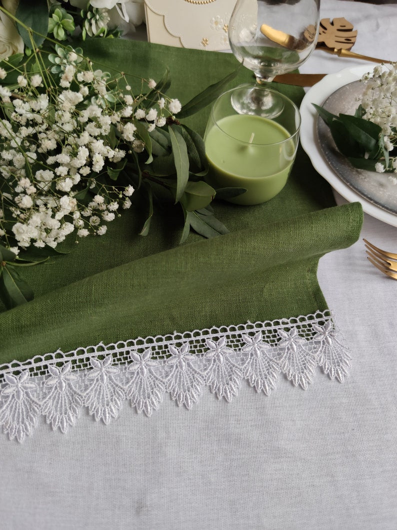 Burnt Orange Linen Table Runner with White Lace Trim – 2-Inch Lace – Farmhouse Dining, Wedding Reception, Everyday Use