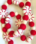 Handmade Wool Felt Peppermint Garland with Red and White Felt Balls for Fireplace Mantle Decoration