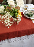 Burnt Orange Linen Table Runner with White Lace Trim – 2-Inch Lace – Farmhouse Dining, Wedding Reception, Everyday Use