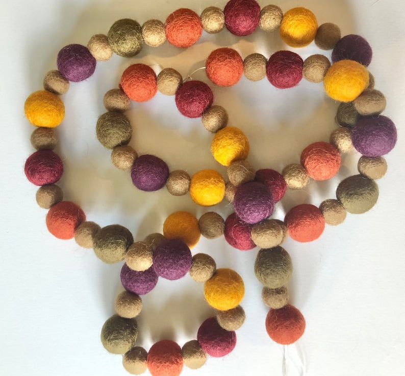 Fall Felt Ball Garland – Brown & Multicolored Wool Fireplace Mantel Decoration