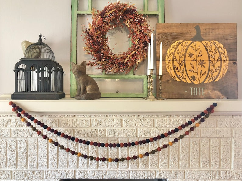 Fall Felt Ball Garland – Brown & Multicolored Wool Fireplace Mantel Decoration