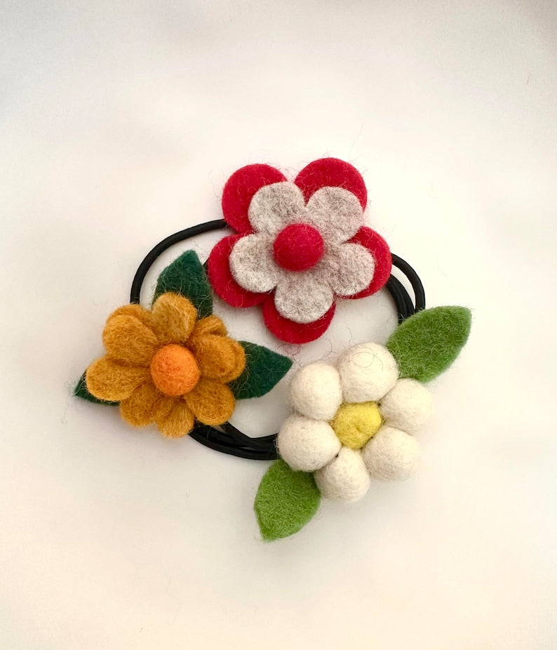 Colorful Felt Flower Hair Ties Set of 3, Handmade Floral Hair Accessories, 2-2.5 Inch Flowers