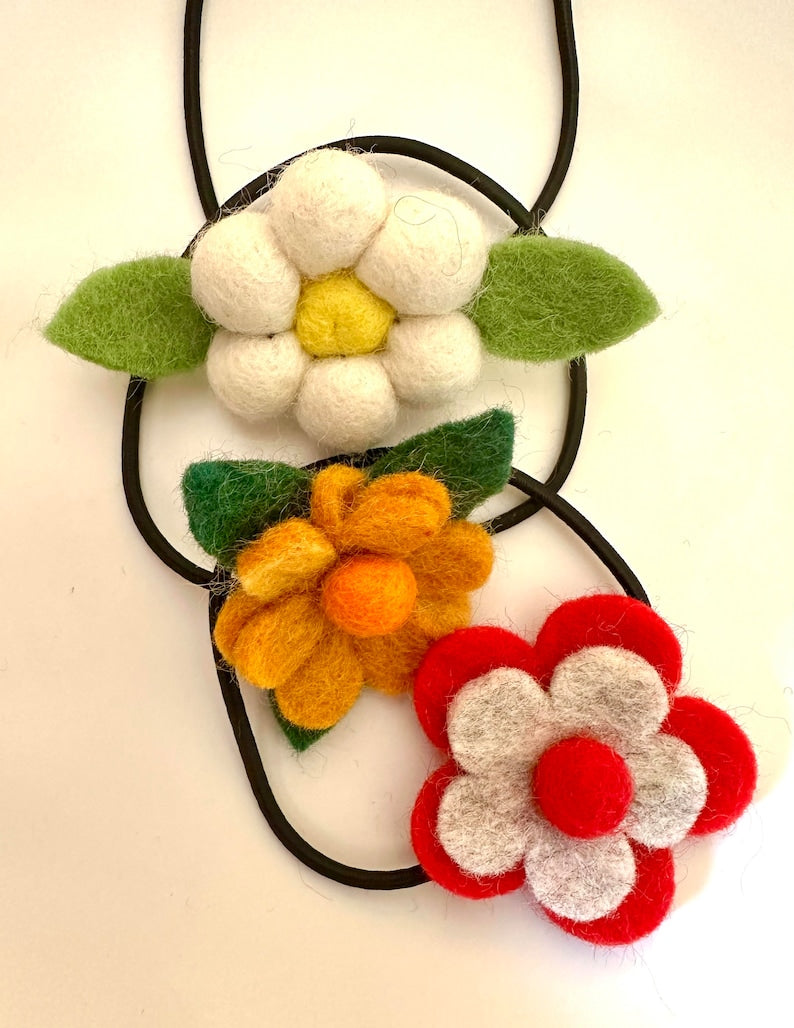 Colorful Felt Flower Hair Ties Set of 3, Handmade Floral Hair Accessories, 2-2.5 Inch Flowers