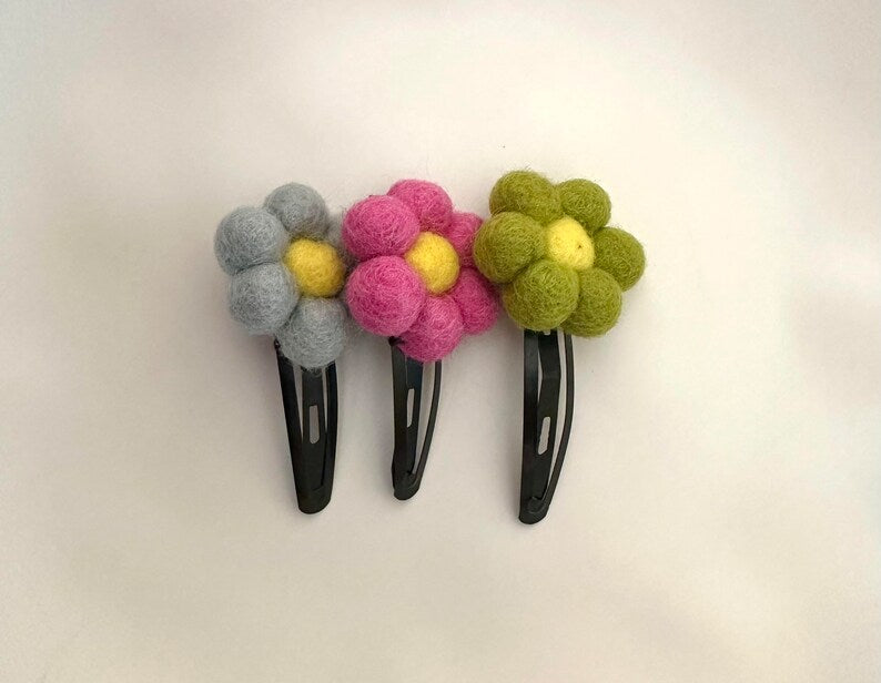Felt Flower Hair Clips, Set of 3, Pink Blue Green, 2.5 Inch Snap Clips, Handcrafted, 1.5 Inch Flowers