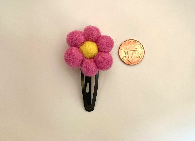 Felt Flower Hair Clips, Set of 3, Pink Blue Green, 2.5 Inch Snap Clips, Handcrafted, 1.5 Inch Flowers