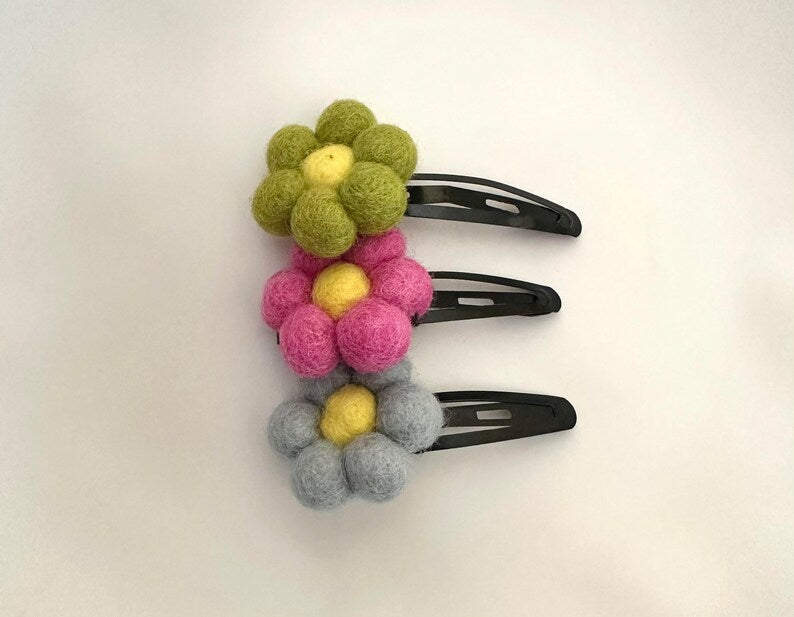 Felt Flower Hair Clips, Set of 3, Pink Blue Green, 2.5 Inch Snap Clips, Handcrafted, 1.5 Inch Flowers