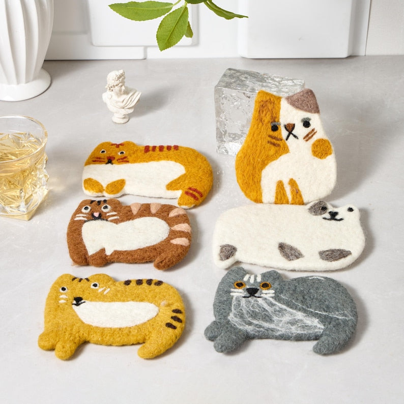 Handmade Nepal Wool Felt Cat Design Coffee Coasters, Set of 4, 4.3-5 Inch