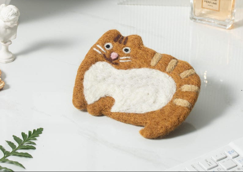Handmade Nepal Wool Felt Cat Design Coffee Coasters, Set of 4, 4.3-5 Inch