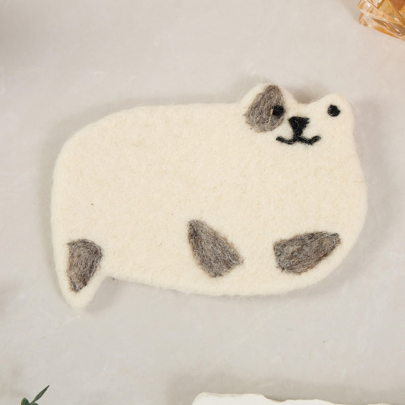 Handmade Nepal Wool Felt Cat Design Coffee Coasters, Set of 4, 4.3-5 Inch