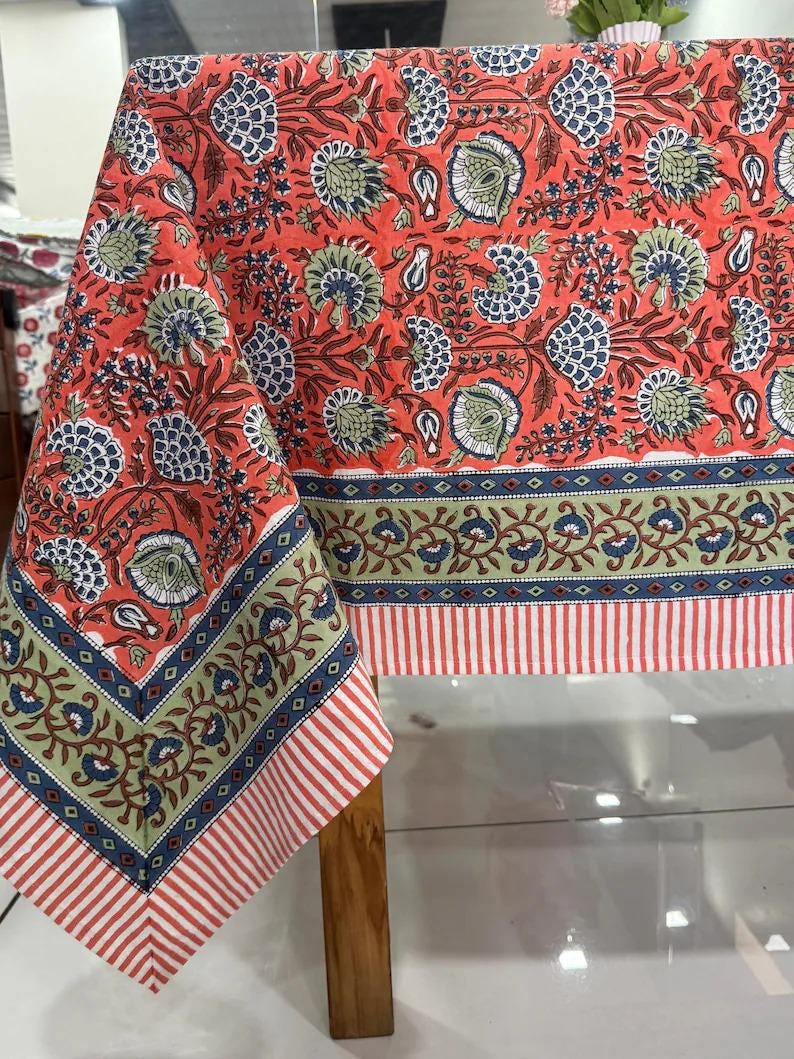Floral Cotton Tablecloth Hand Block Print Square Rectangle Round