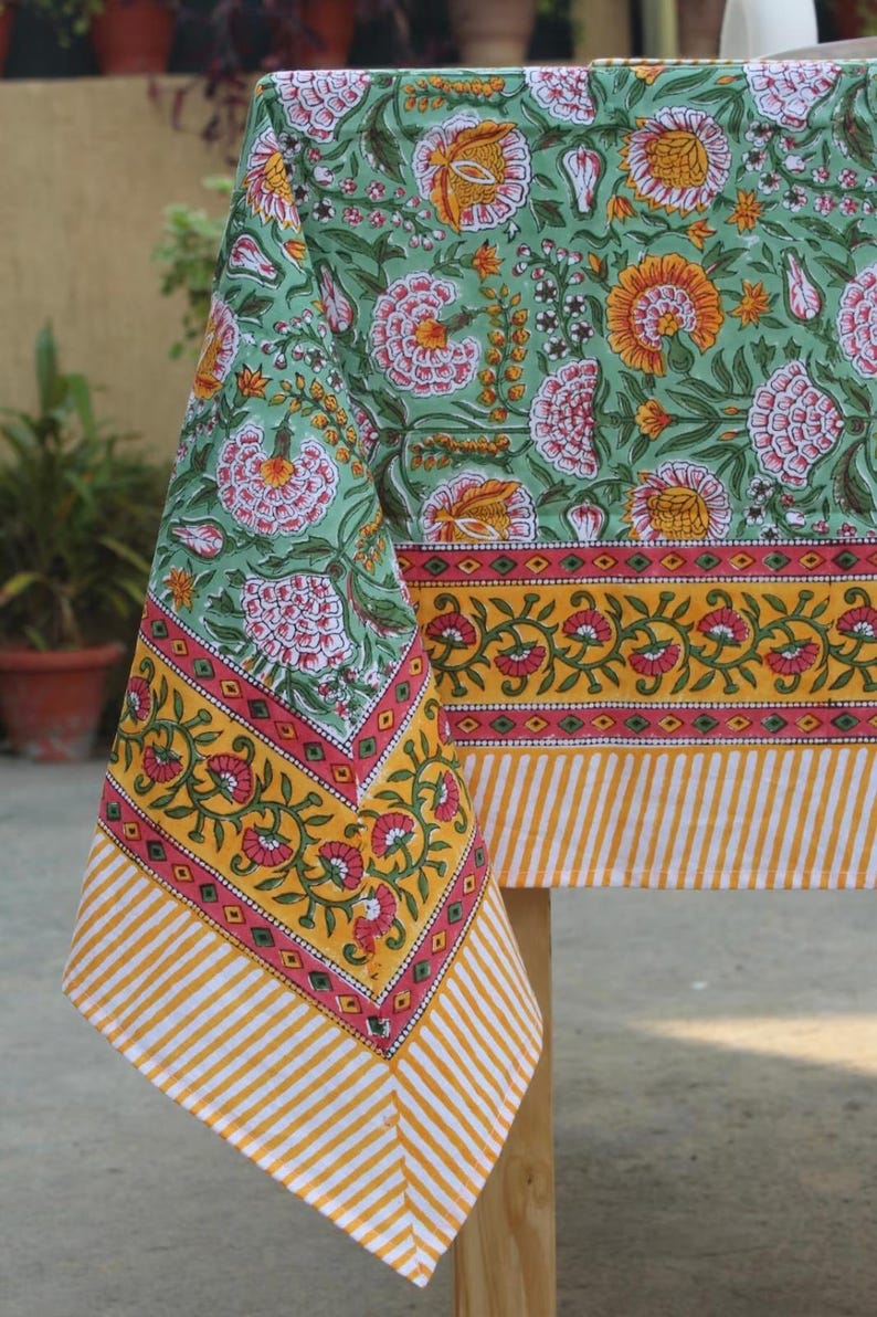 Floral Cotton Tablecloth Hand Block Print Square Rectangle Round