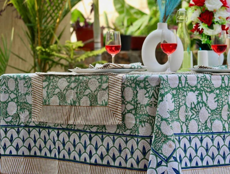 Floral Cotton Tablecloth Hand Block Print Square Rectangle Round