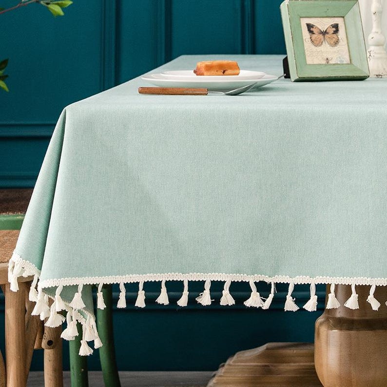 Avocado Green Waterproof Tablecloth with Tassel Edge Option for Dining, Stain-Resistant Outdoor Table Cover, Solid Color