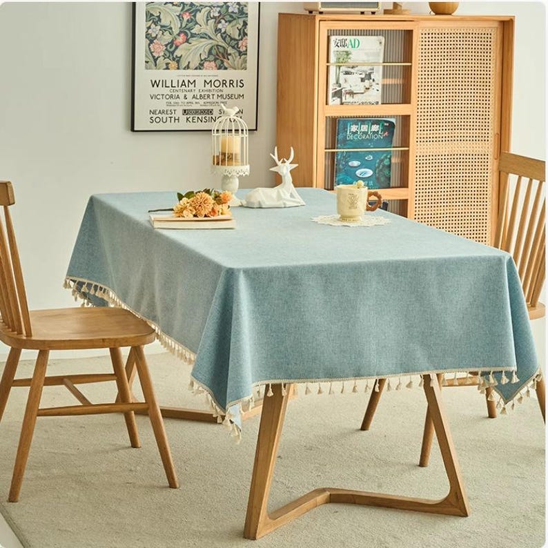 Avocado Green Waterproof Tablecloth with Tassel Edge Option for Dining, Stain-Resistant Outdoor Table Cover, Solid Color
