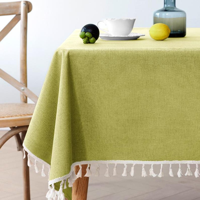 Avocado Green Waterproof Tablecloth with Tassel Edge Option for Dining, Stain-Resistant Outdoor Table Cover, Solid Color