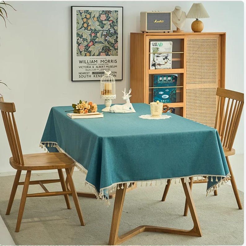 Avocado Green Waterproof Tablecloth with Tassel Edge Option for Dining, Stain-Resistant Outdoor Table Cover, Solid Color