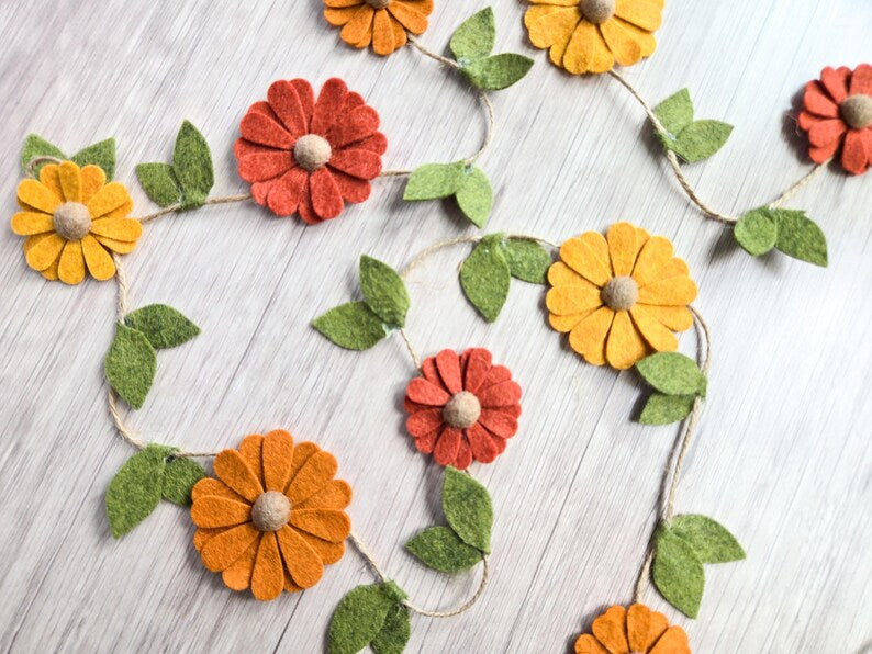 Wool Felt Daisy Chain Garland, Honey Rust Orange, Fall Autumn Decor, 2ft-10ft