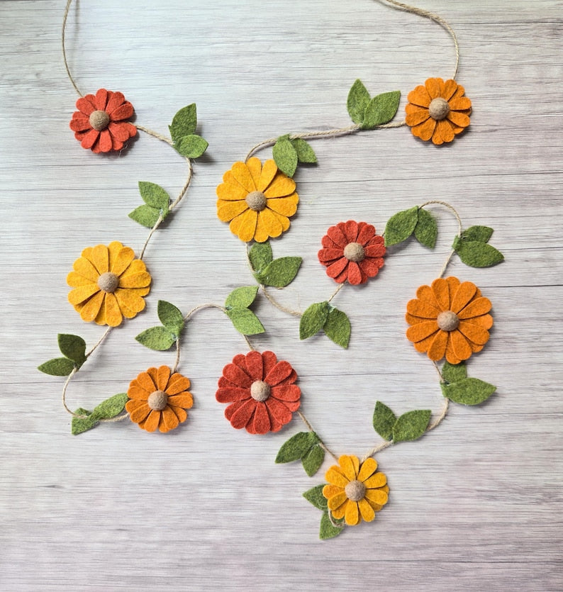 Wool Felt Daisy Chain Garland, Honey Rust Orange, Fall Autumn Decor, 2ft-10ft