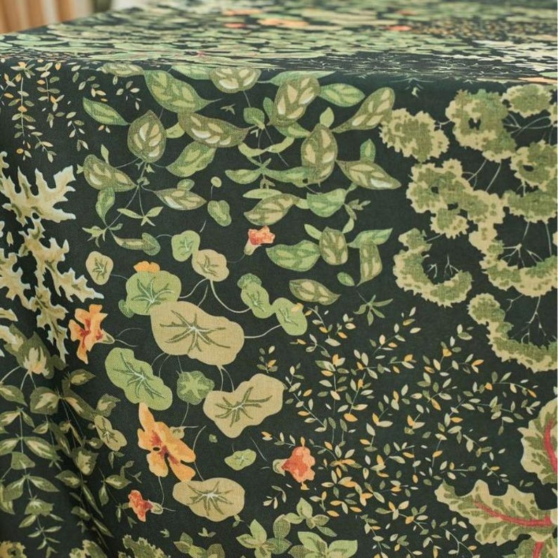 Linen-Textured Tablecloth, Extra Wide Botanical Arts and Crafts Floral Table Cover, Rectangle Square Round Dining Tablecloth