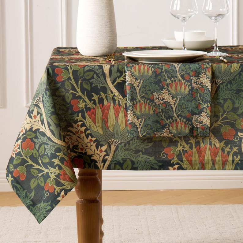 Linen-Textured Tablecloth, Extra Wide Botanical Arts and Crafts Floral Table Cover, Rectangle Square Round Dining Tablecloth