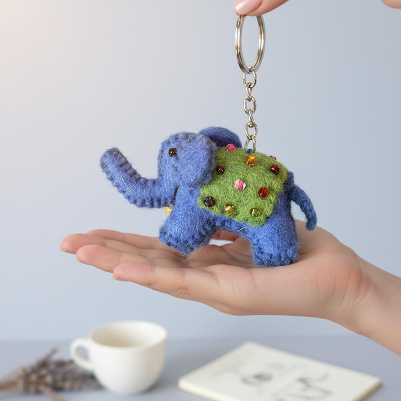 Wool Felt Elephant Keychain with Beaded Saddle and Jingle Bell, 10 cm Handcrafted Bag Charm