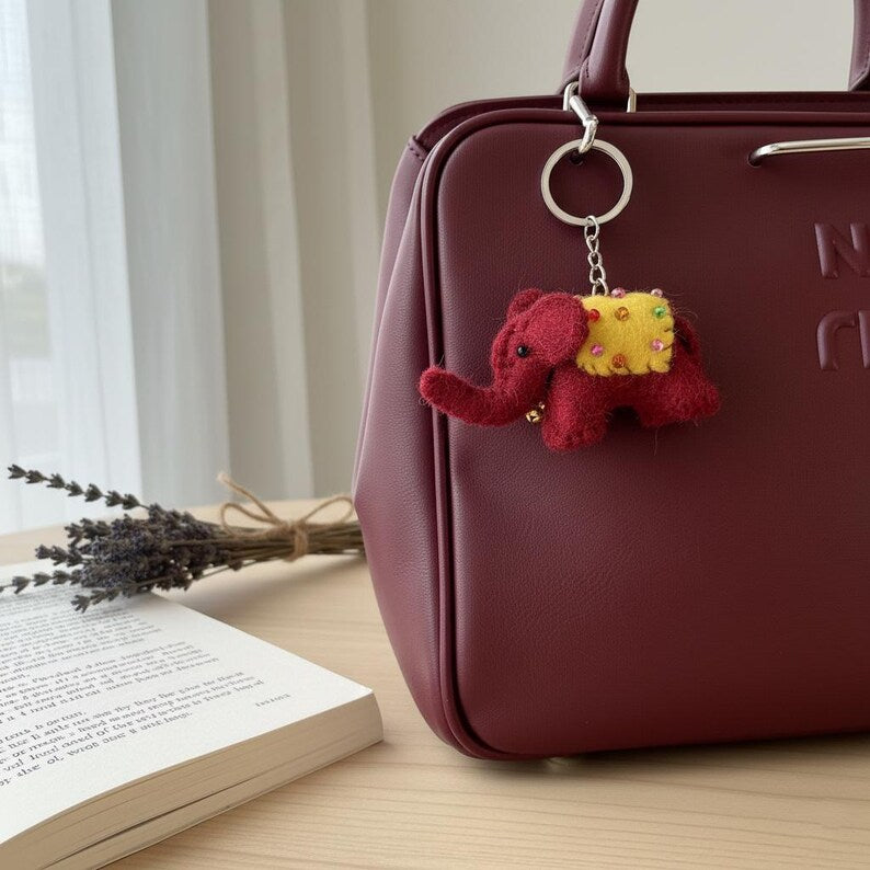 Wool Felt Elephant Keychain with Beaded Saddle and Jingle Bell, 10 cm Handcrafted Bag Charm