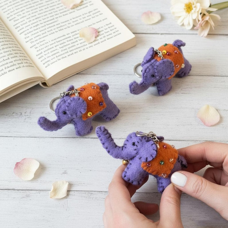 Wool Felt Elephant Keychain with Beaded Saddle and Jingle Bell, 10 cm Handcrafted Bag Charm