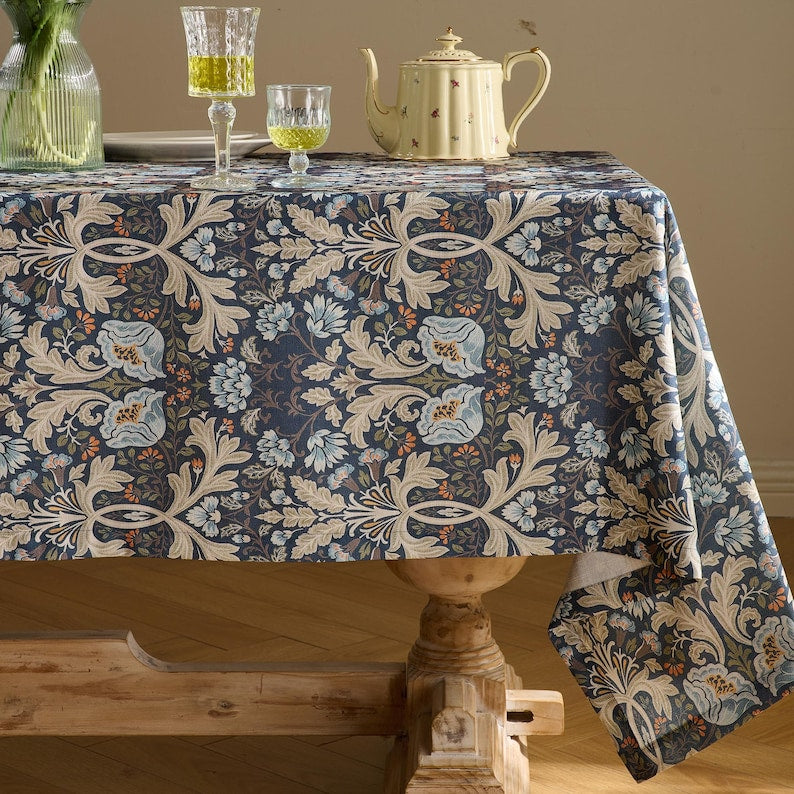 Linen-Textured Tablecloth, Extra Wide Botanical Arts and Crafts Floral Table Cover, Rectangle Square Round Dining Tablecloth