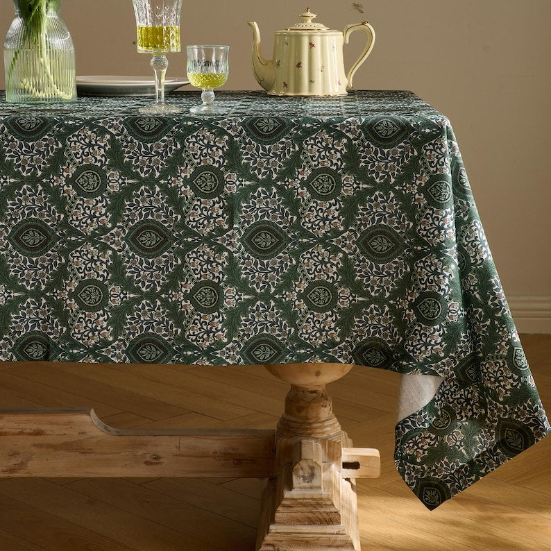 Linen-Textured Tablecloth, Extra Wide Botanical Arts and Crafts Floral Table Cover, Rectangle Square Round Dining Tablecloth