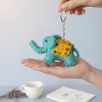 Wool Felt Elephant Keychain with Beaded Saddle and Jingle Bell, 10 cm Handcrafted Bag Charm