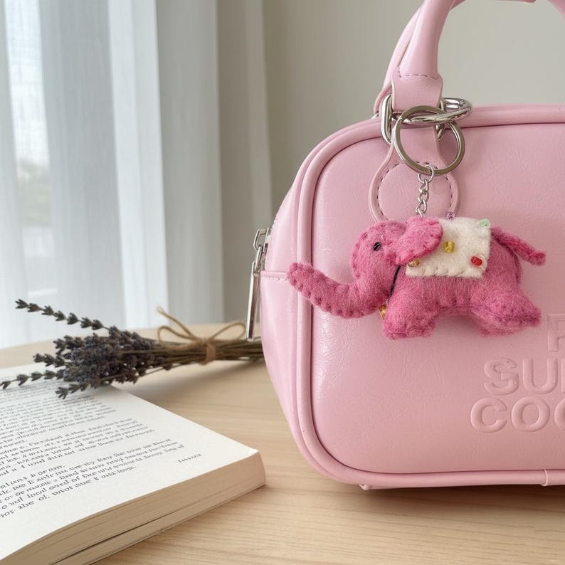 Wool Felt Elephant Keychain with Beaded Saddle and Jingle Bell, 10 cm Handcrafted Bag Charm