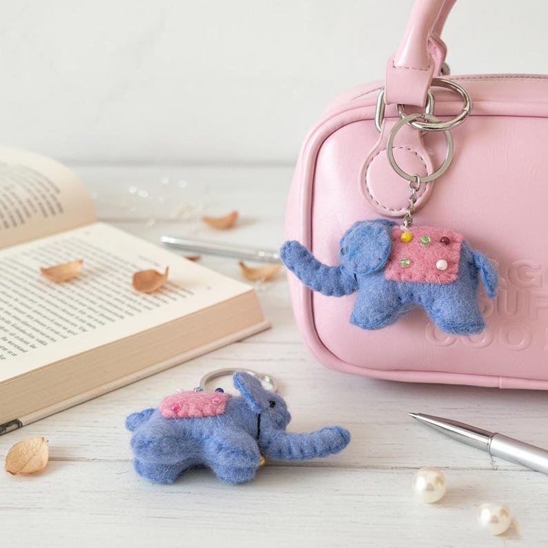 Wool Felt Elephant Keychain with Beaded Saddle and Jingle Bell, 10 cm Handcrafted Bag Charm