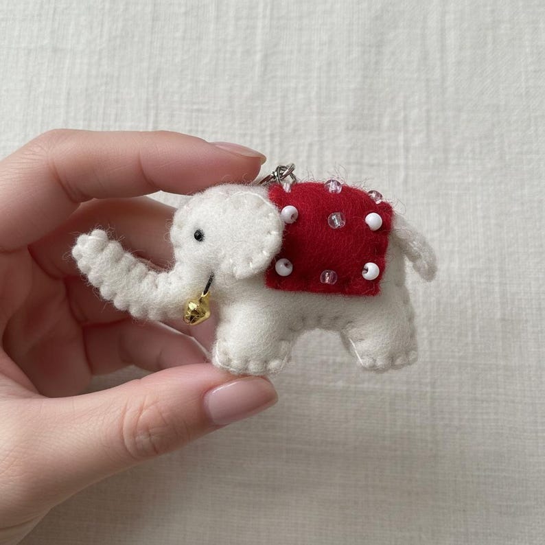 Wool Felt Elephant Keychain with Beaded Saddle and Jingle Bell, 10 cm Handcrafted Bag Charm