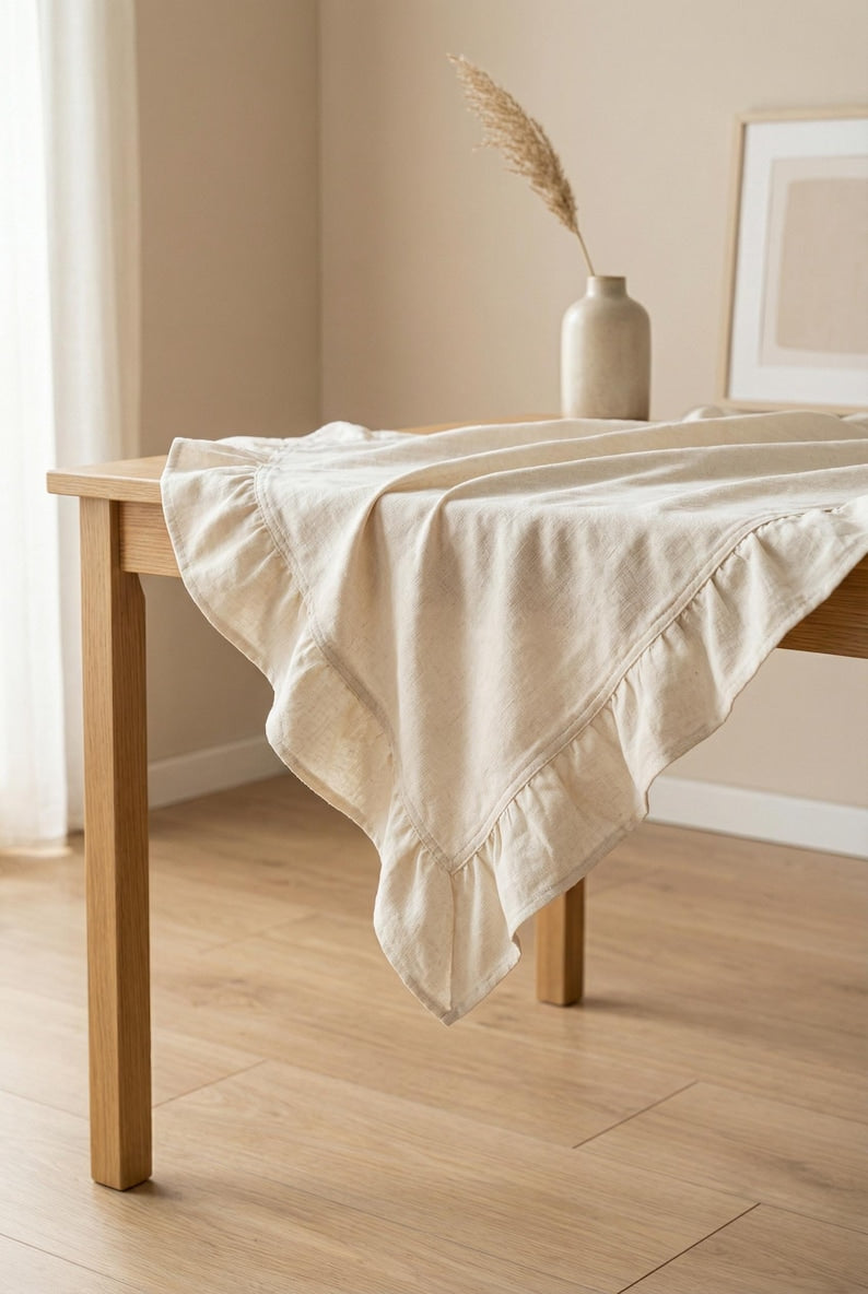 Linen Cotton Ruffle Tablecloth Rectangle or Round Vintage Boho Farmhouse Dining