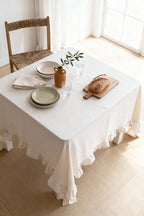 Linen Cotton Ruffle Tablecloth Rectangle or Round Vintage Boho Farmhouse Dining