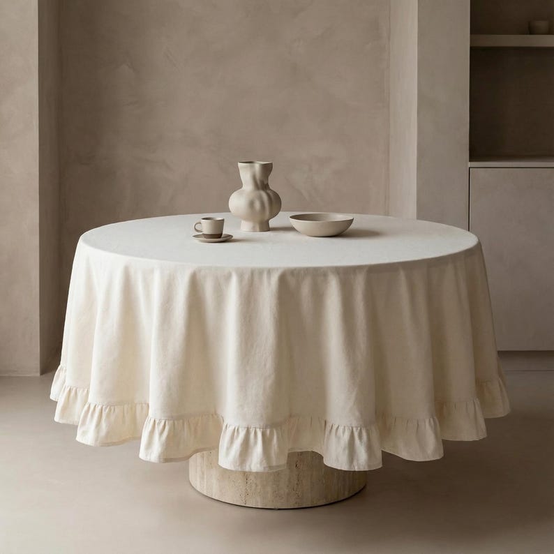 Linen Cotton Ruffle Tablecloth Rectangle or Round Vintage Boho Farmhouse Dining