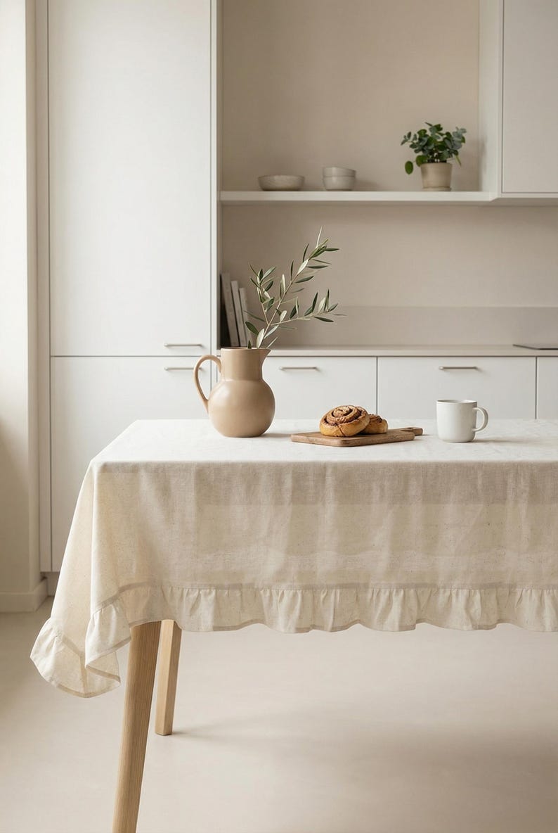 Linen Cotton Ruffle Tablecloth Rectangle or Round Vintage Boho Farmhouse Dining