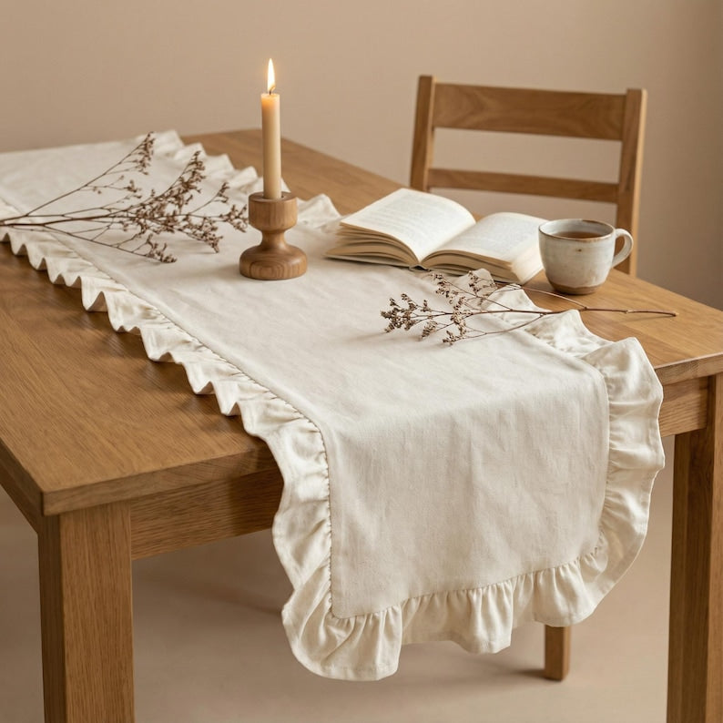 Linen Cotton Ruffle Tablecloth Rectangle or Round Vintage Boho Farmhouse Dining