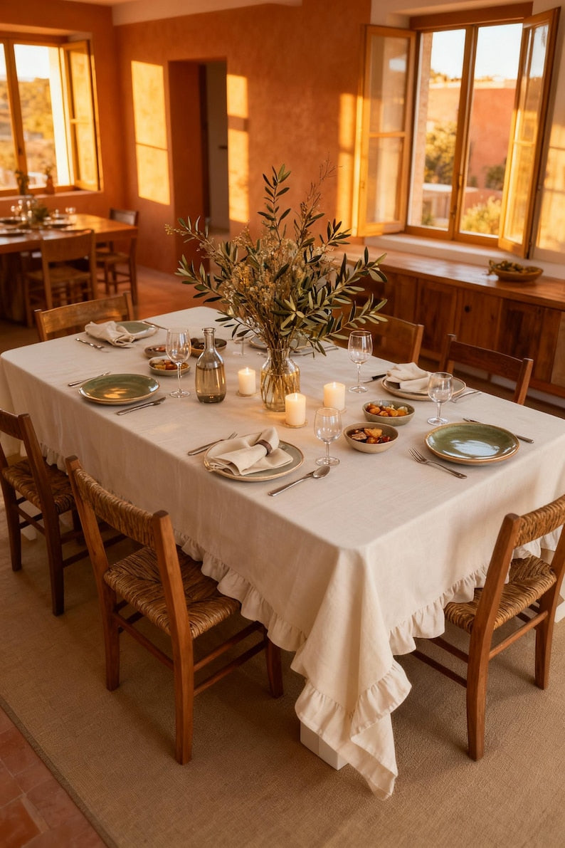Linen Cotton Ruffle Tablecloth Rectangle or Round Vintage Boho Farmhouse Dining