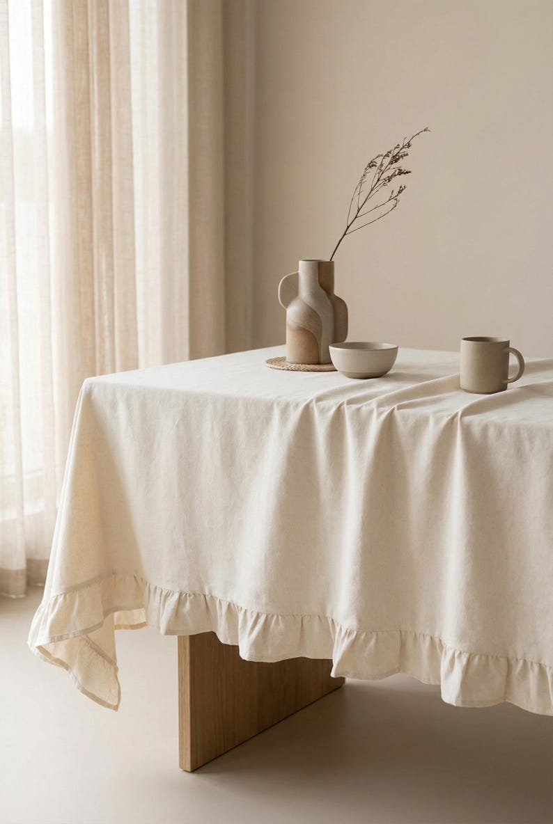 Linen Cotton Ruffle Tablecloth Rectangle or Round Vintage Boho Farmhouse Dining
