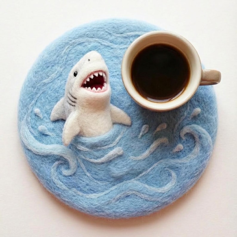 Wool Felt Shark Coaster, Nautical Mug Rug, Handmade Desk Decor, Ocean Theme Gift